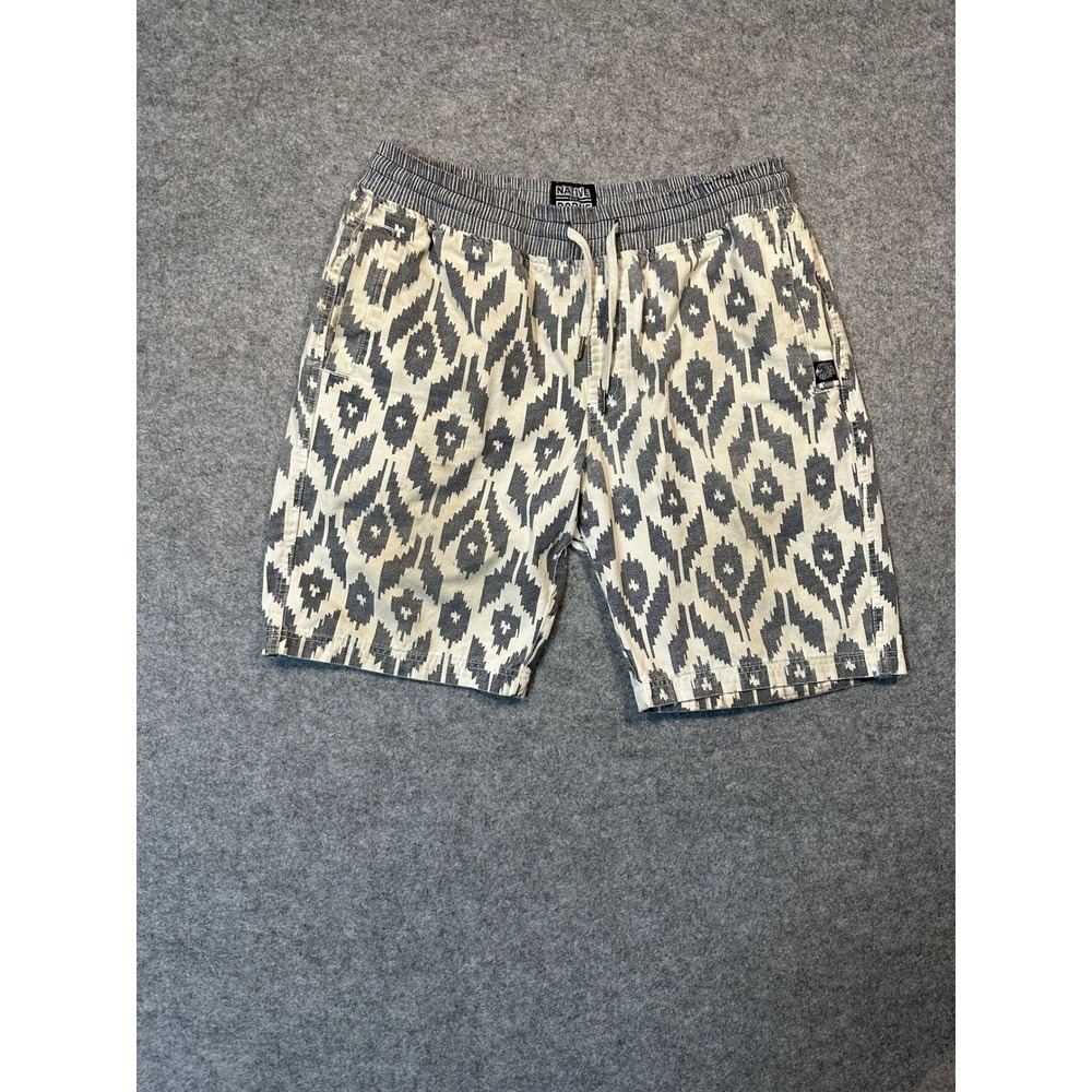Native Borne Mens Ikat Geometric Shorts Grey White Elastic Waist Size L
